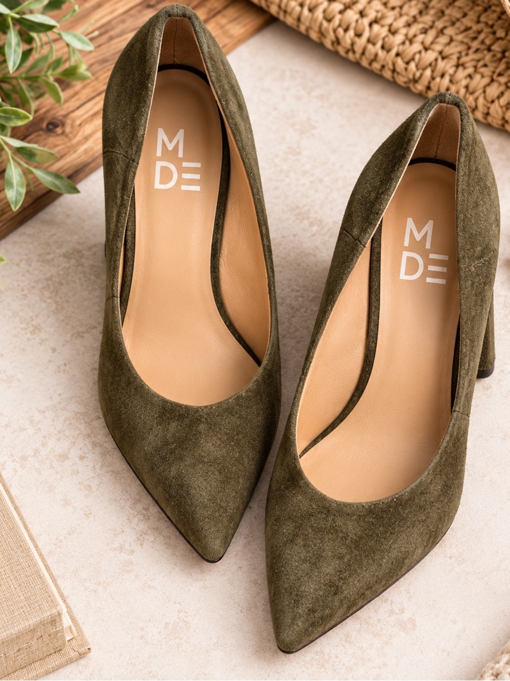 MADE Olive Green Suede Pointed Toe Block Heel Pumps